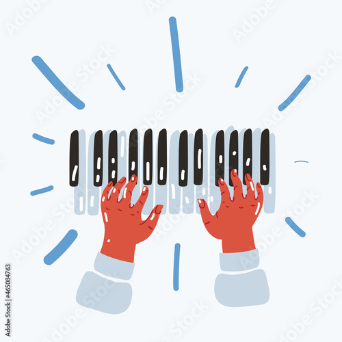 Vector illustration of two hands play on piano or synthesizer, midi keyboard.