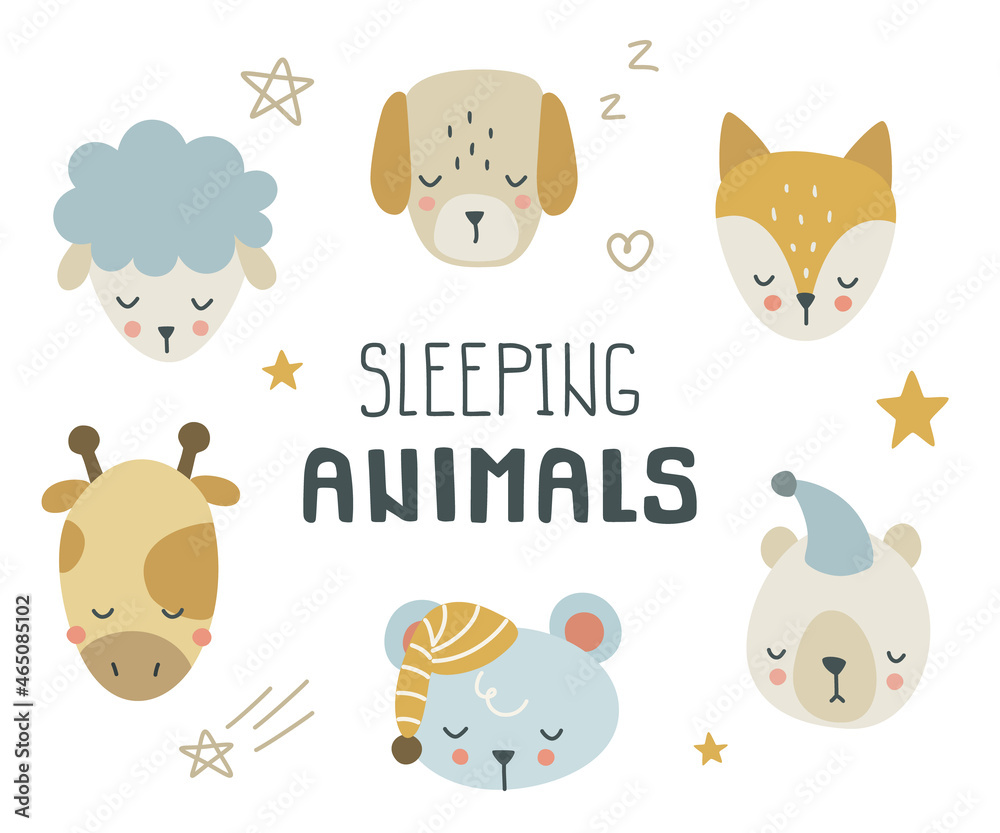 Cute doodle sleeping animals heads set. Collections of sleepy face fox, dog, bear, mouse, giraffe, lamp. Cute doodle sleeping animals heads set. Collections of sleepy face fox, dog, bear, mouse, giraffe, lamp.