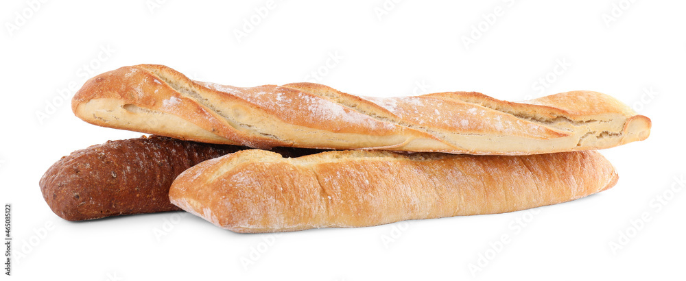 Different tasty baguettes on white background. Fresh bread
