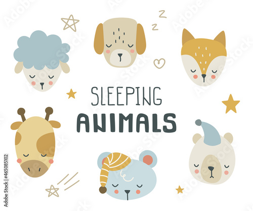 Fototapeta Naklejka Na Ścianę i Meble -  Cute doodle sleeping animals heads set. Collections of sleepy face fox, dog, bear, mouse, giraffe, lamp.