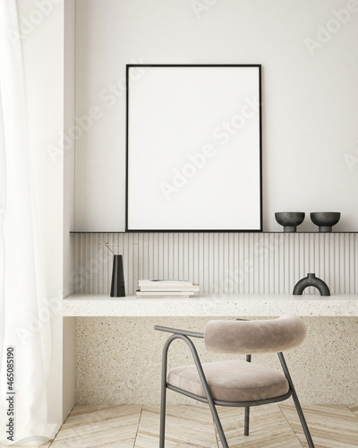 mock up poster frame in modern interior background  Home office  Scandinavian style  3D render  3D illustration