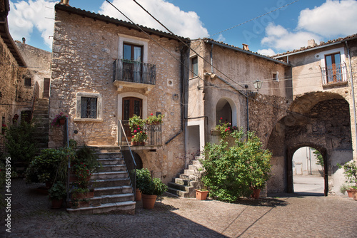 Castelvecchio Calvisio medieval town  square  steps  archs and medieval buidings.