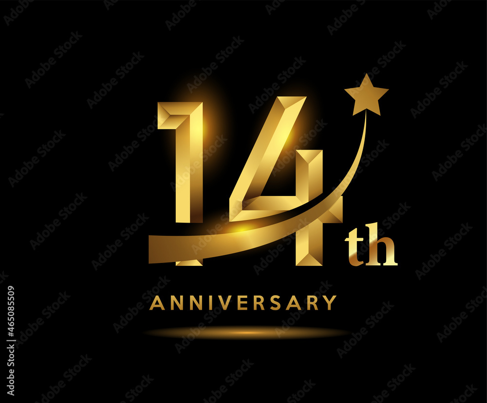 Golden 14 year anniversary celebration logo design with star symbol - obrazy, fototapety, plakaty 