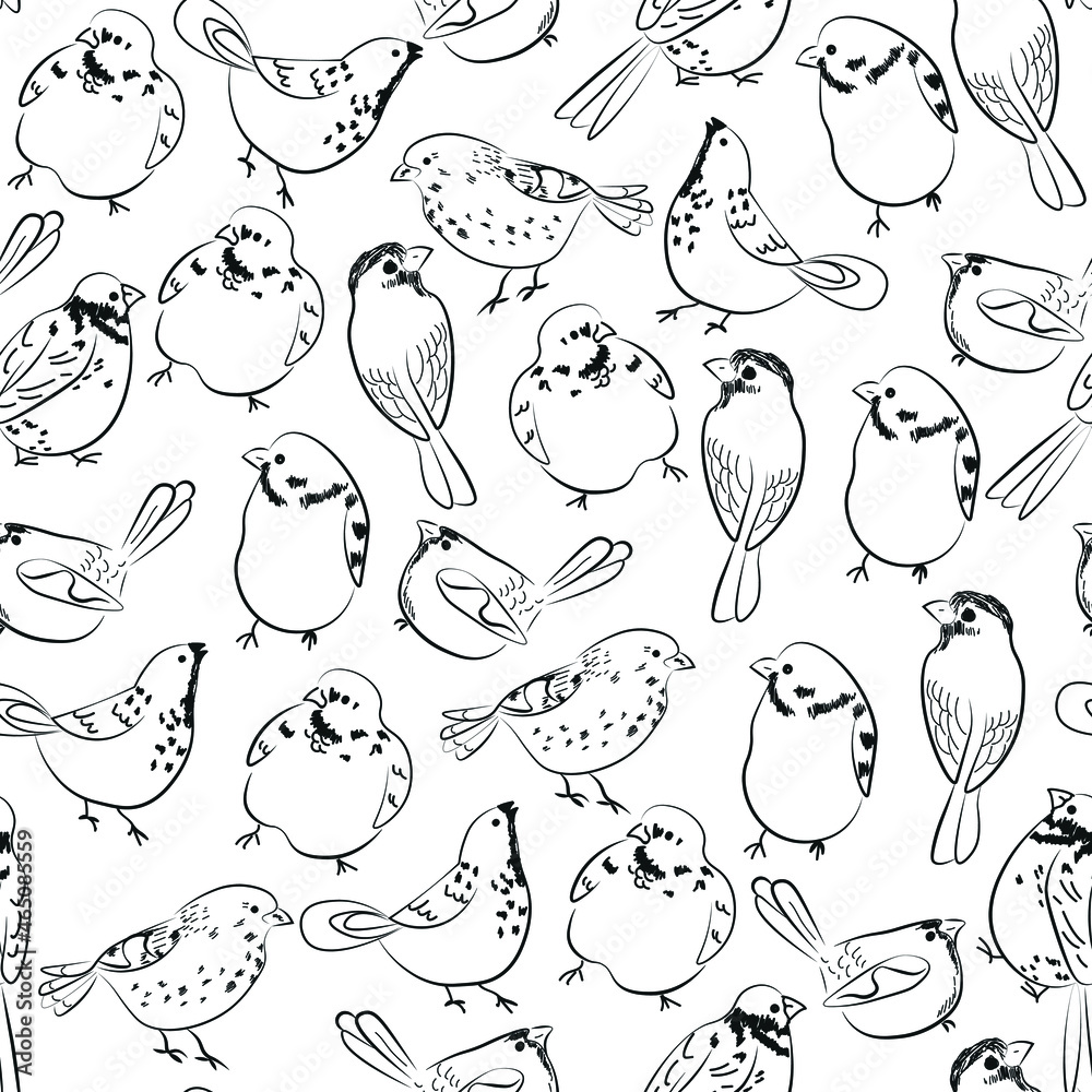 Sparrow, Bullfinch, set of hand drawn birds. Concept for wallpaper, texture, cards