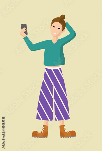 Young woman takes a selfie with the phone. Taking pictures of yourself. A blogger girl is shooting. Blogging. Vector illustration on isolated background.