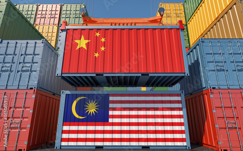 Shipping containers with China and Malaysia national flag. 3D Rendering 