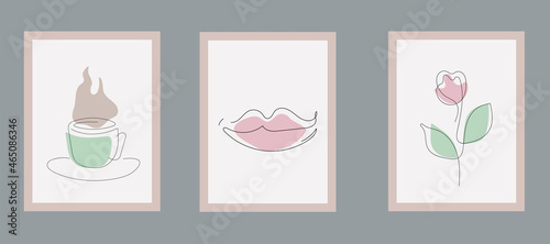 Vector line art or One Line Drawing of coffee, lips and flower. 