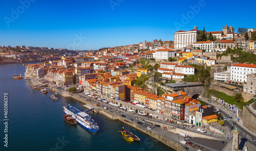 Panoramic view of Old city of Porto  Oporto  and Ribeira over Douro river  Portugal. Concept of world travel  sightseeing and tourism.