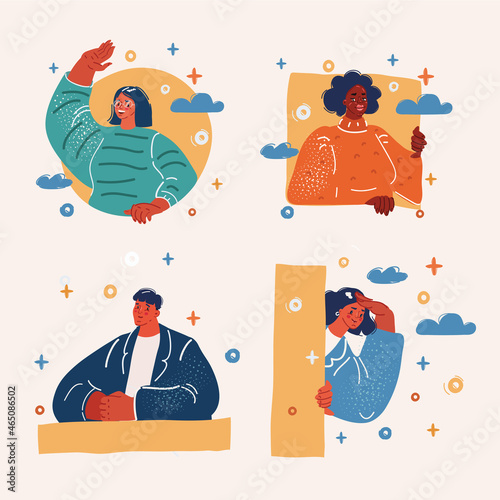 Vector illustration of People in a geometric holes and shapes. They hide, peep out, hang out, look with interest and curiosity.