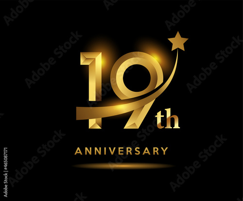 Golden 19 year anniversary celebration logo design with star symbol