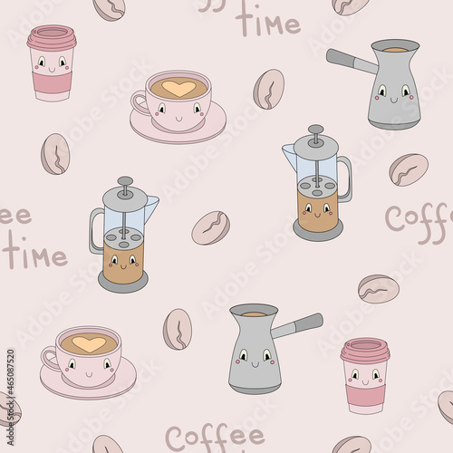 Seamless pattern with cute coffee attributes in pastel colors - vector illustration, eps stock illustration photo