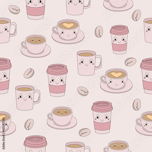 Seamless pattern with cute coffee attributes in pastel colors - vector illustration, eps stock illustration