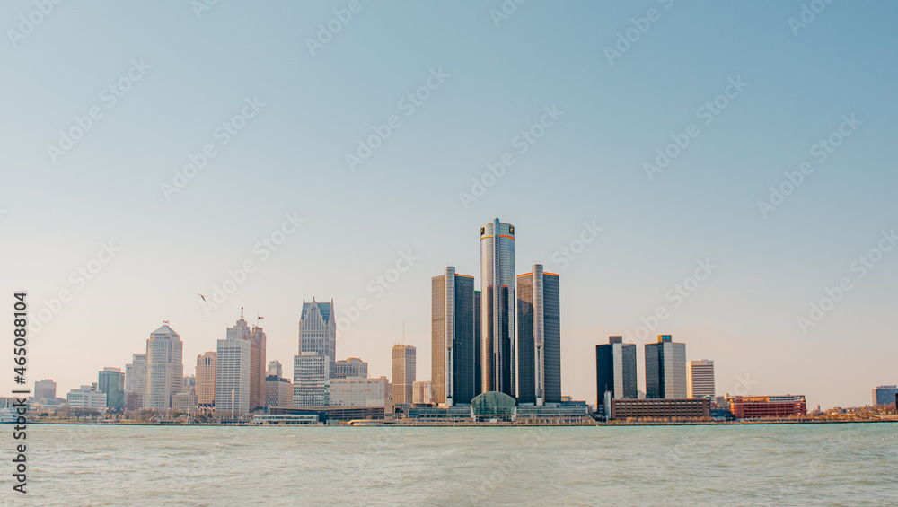 Detroit city skyline at sunset