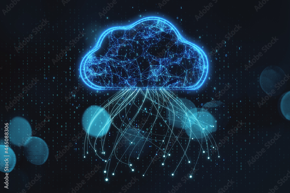Naklejka premium Abstract glowing blue digital cloud with binary code on dark blurry bokeh background. Computing and coding concept. 3D Rendering.
