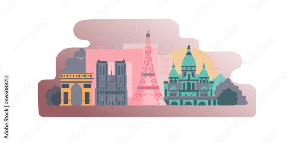 Paris city flat illustration. Paris holiday travel flat drawing. Modern flat Paris illustration. Hand sketched poster, banner, postcard, card template for travel company, T-shirt, shirt. Vector EPS 10
