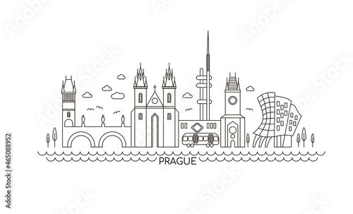 Prague lineart illustration. Prague, Czech line drawing. Modern style Prague city illustration. Hand sketched poster, banner, postcard, card template for travel company, T-shirt, shirt. Vector EPS 10