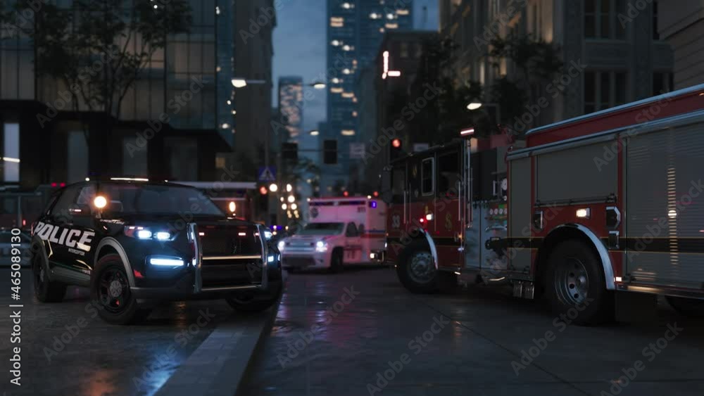 Emergency services at accident scene. Fire department, police and ambulance. 3d visualization