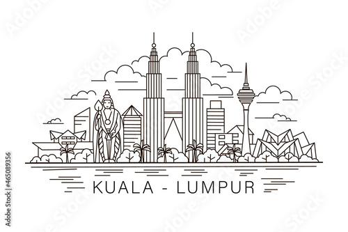 Kuala Lumpur lineart illustration. Kuala Lumpur holiday travel flat drawing. Modern line Kuala Lumpur illustration. Hand sketched poster, banner, postcard, card template for travel company, T-shirt