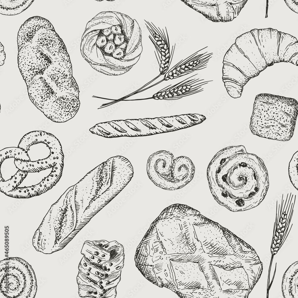 Vector seamless pattern with hand drawn bakery products and wheat. Template for bakery logo and banner. Perfect for design in vintage style.