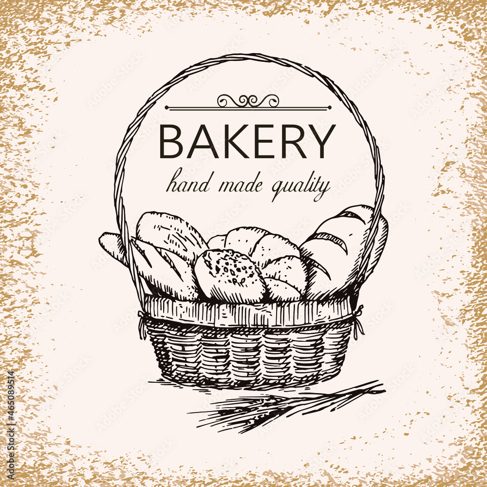 Sketch illustration of bread basket and bakery products. Template for  bakery logo and banner. Vector illustration in vintage style. Stock Vector  | Adobe Stock