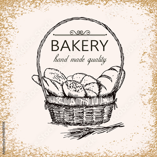 Sketch illustration of bread basket and bakery products. Template for bakery logo and banner. Vector illustration in vintage style.
