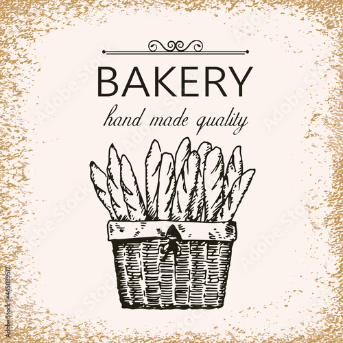 Sketch illustration of bread basket and bakery products. Template for bakery logo and banner. Vector illustration in vintage style.