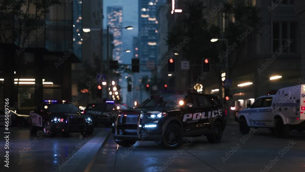 Police cars at the scene. Police patrol cars at scene of emergency. Shining flasher police car standing on the street in the city. 3d visualization