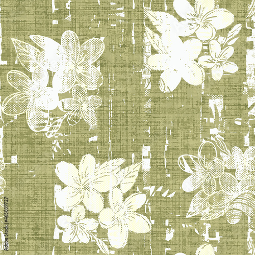 Seamless pattern with flowers, leaves. Abstract floral impression  background. Summer print. Modern exotic jungle plants illustration pattern. Creative collage contemporary pattern. Fashionable design