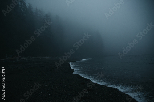 Photography Dark moody picture of Sombre Beach on an extremely foggy day.