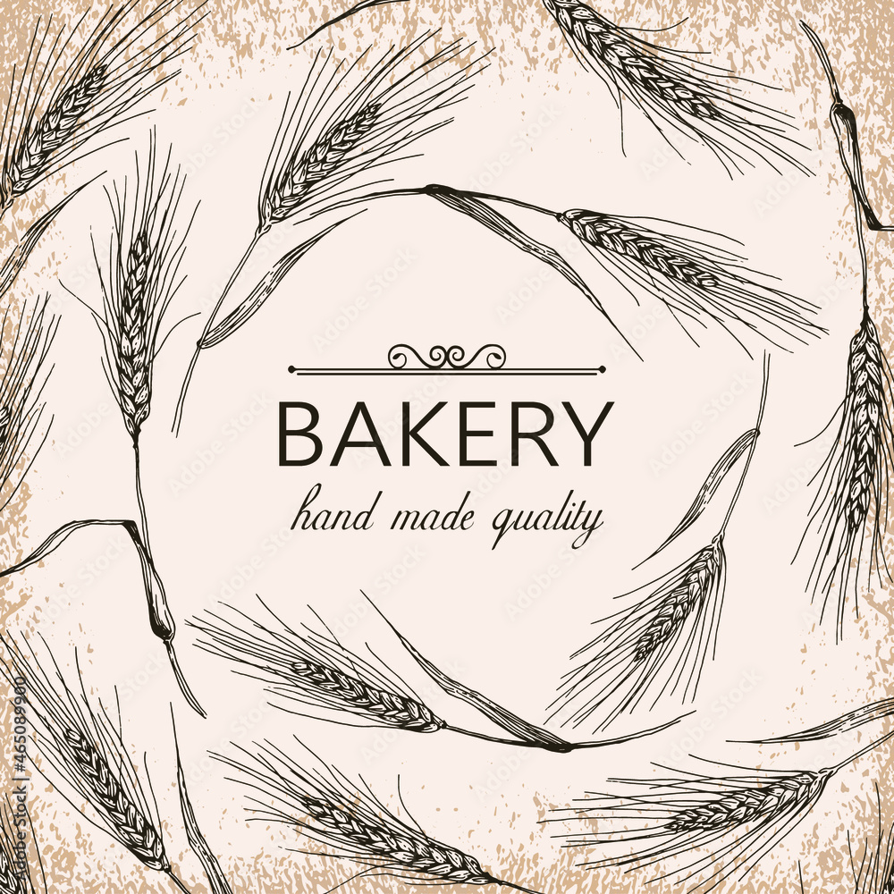 Vector background with hand drawn wheat and bakery shop. Perfect for design in vintage style.