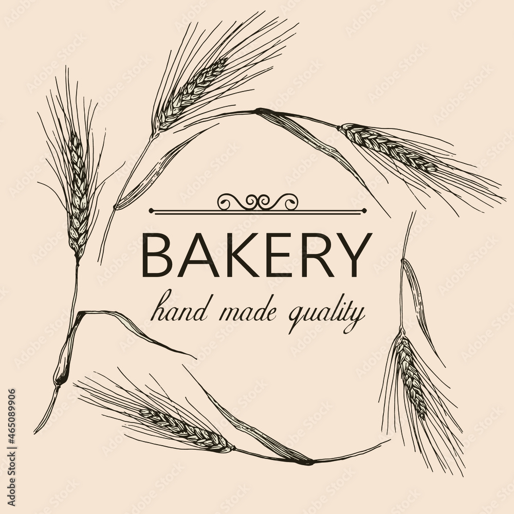 Vector background with hand drawn wheat and bakery shop. Perfect for design in vintage style.