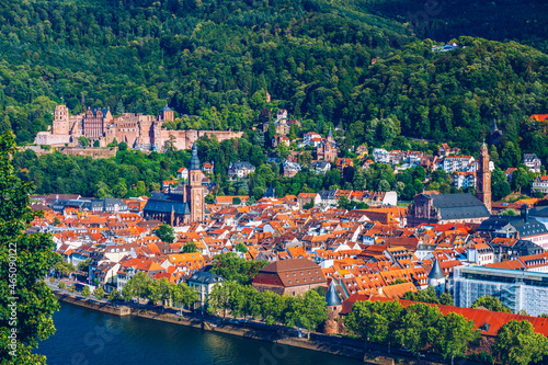 Heidelberg skyline aerial view from above. Heidelberg skyline aerial view of old town river and bridge, Germany. Aerial View of Heidelberg, Germany Old Town. Video of the aerial view of Heidelberg.