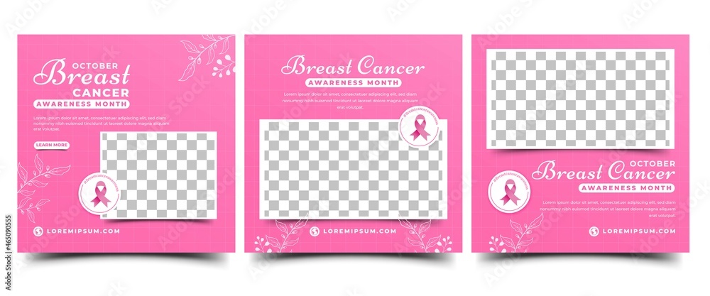 Breast cancer awareness month social media post template design collection. Editable modern banner with place for the photo. Usable for social media, banner, and web.