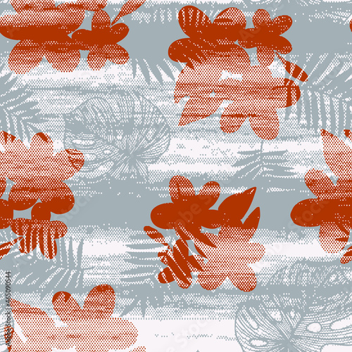 Seamless artistic  pattern with flowers, leaves. Abstract floral background. Summer spring trend prints. Fabric design, wallpaper on striped textured as background