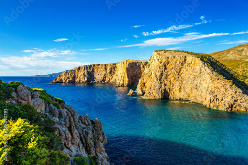 Cala Domestica beach, Sardinia, Italy. Sardinia is the second largest island in mediterranean sea. Sardinia, Cala Domestica beach, Italy. Beach Cala Domestica, Sardegna, Italy.