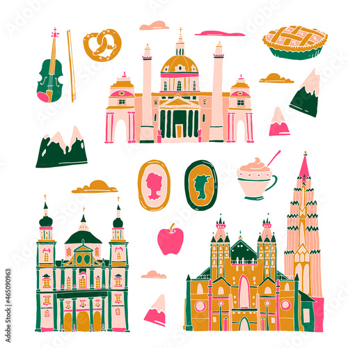 Vienna doodle illustration. Austria holiday travel flat drawing. Modern style Vienna city illustration. Hand sketched poster, banner, postcard, card template for travel company, T-shirt, shirt. Vector
