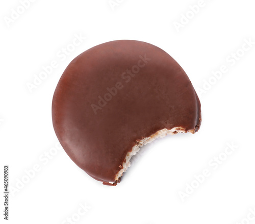 Delicious choco pie with bite mark isolated on white, top view