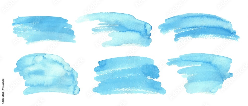 Set of blue watercolor washses, abstract backgrounds, brush strokes. Decorative design elements, backdrop - obrazy, fototapety, plakaty 