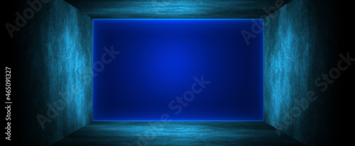 Neon sci-fi futuristic television modern vibrant blue square shape with glowing laser beams corridor retro dark empty podium club party 3D rendering