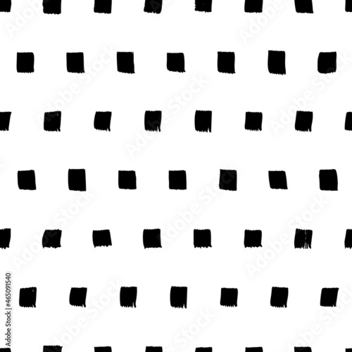 Seamless pattern with black grunge squares. Polka dot vector ornament. Abstract modern geometric background. Modern stylish simple texture with dotted lines. Black and white hand drawn ink background.