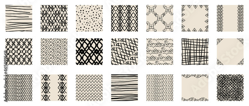 Obraz na plátně Set of hand drawn social media posts template, with boho and tribal patterns- Vector textures of Geometric doodle shapes of spots, dots, circles, strokes, stripes, lines