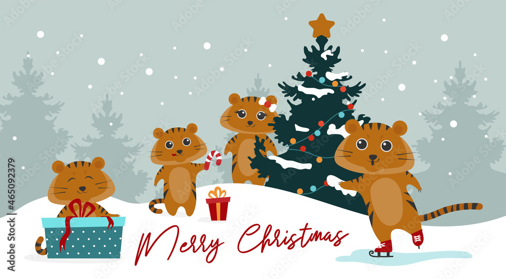Cute tigers preparing to Christmas party, making gifts and playing snow. Cute tigers preparing to Christmas party, making gifts and playing snow.