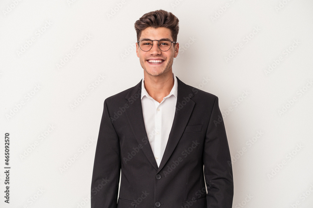 Young business caucasian man isolated on white background happy, smiling and cheerful. - obrazy, fototapety, plakaty 