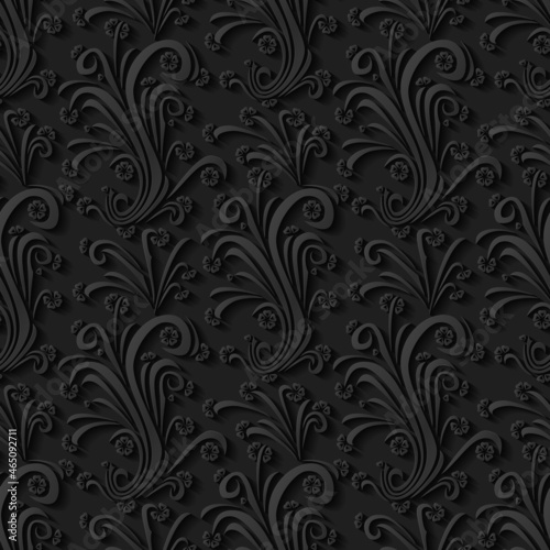 Black floral 3d background. Seamless pattern for greeting card decoration. Ornate pattern for continuous replicate. Vector illustration