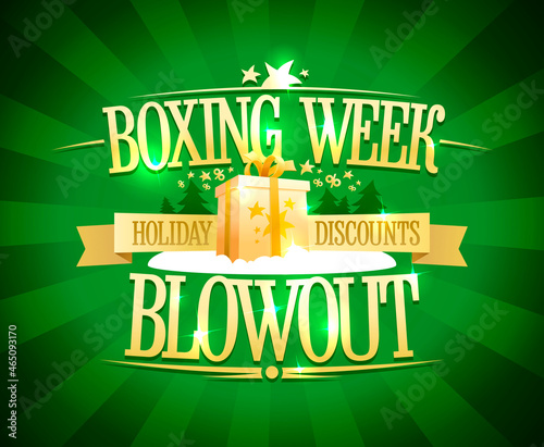 Boxing week blowout sale web banner design, holiday discounts vector mockup with golden gift box