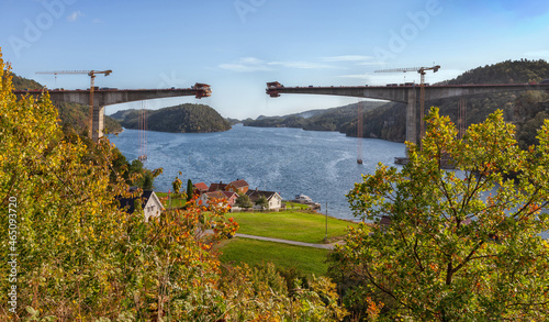 Construction of a road bridge over Trysfjord between Kristiansand and Mandal, Agder County, Norway photo