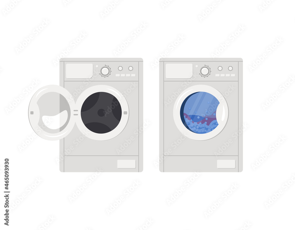 Washing machine icon is running and with open door. Front view of household appliances in bathroom. Vector flat illustration isolated on white background. Washing machine icon is running and with open door. Front view of household appliances in bathroom. Vector flat illustration isolated on white background.