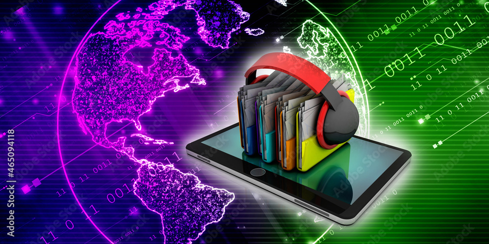 Fototapeta premium 3D illustration headphones connected folder network in mobile phone