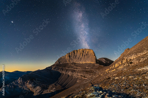 Stars of the milkeyway at night over mount Olympus in Greece photo