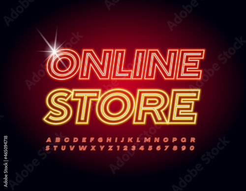 Vector Glowing Poster Online Shop. Trendy Neon Font. Electric light Alphabet Letters and Numbers.